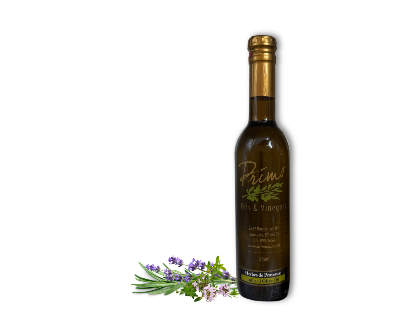 A 375ml bottle of Herbs de Provence Olive Oil with lavender, rosemary, savory, thyme and bay leaf.