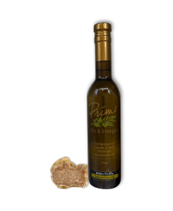 A 375ml bottle of White Truffle Olive Oil with truffles.