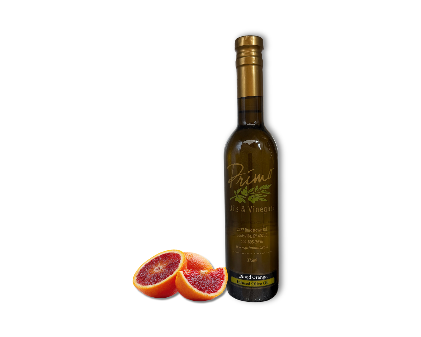 A 375ml bottle of Blood Orange Olive Oil with blood oranges.