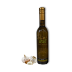 A 375ml bottle of Garlic Olive Oil with garlic cloves.