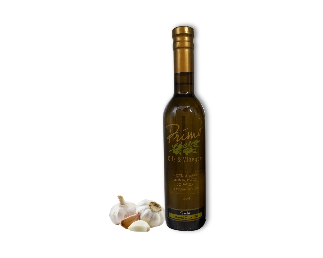 A 375ml bottle of Garlic Olive Oil with garlic cloves.
