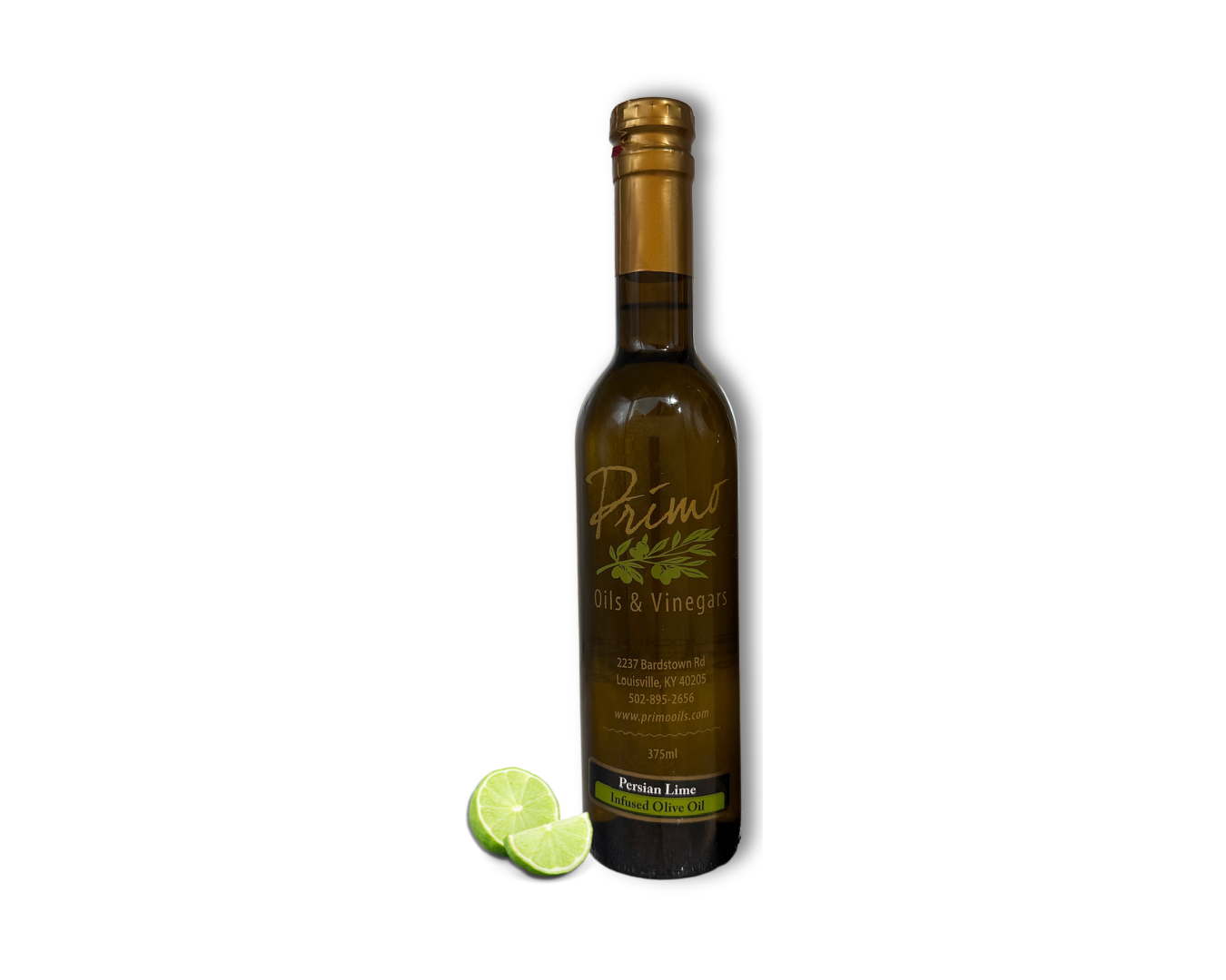 A 375ml bottle of Persian Lime Olive Oil with lime fruit.