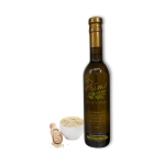 A 375ml bottle of Toasted Sesame Olive Oil with sesame seeds in a bowl and wooden scoop.