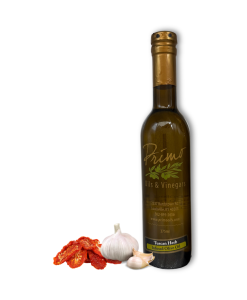 A 375ml bottle of Tuscan Herb Olive Oil with garlic and sun-dried tomatoes.