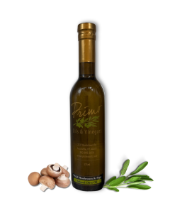 A 375ml bottle of Wild Mushroom & Sage Olive Oil with sage and wild mushrooms.