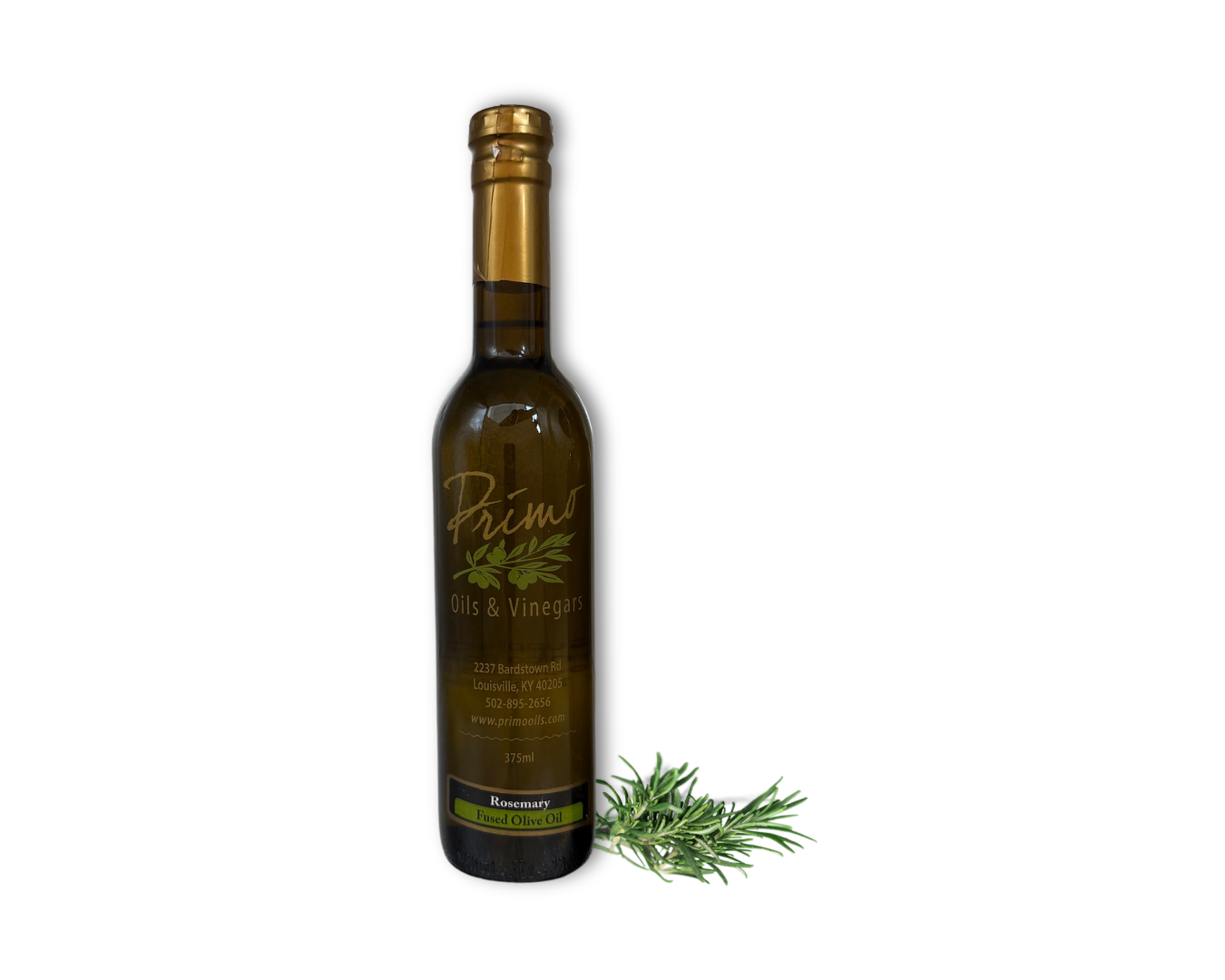A 375ml bottle of Wild Rosemary Olive Oil with rosemary leaves.