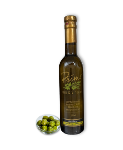 A 375ml bottle of Nocellara Extra Virgin Olive Oil with bowl of olives grown in Italy.
