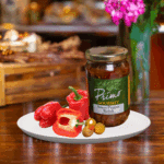 A jar of Sweet Pepper Relish on white plate with red pepper and olives