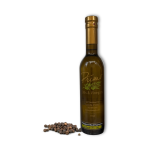 A 375ml bottle of Madagascar Black Pepper Olive Oil with black peppercorns.