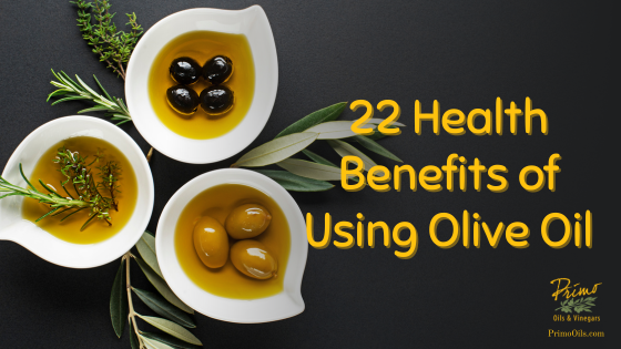 Three small bowls of olive oil with the title, 22 Health Benefits of Using Olive Oil