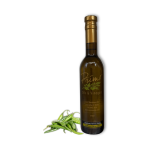 A 375ml bottle of Baklouti Green Chili Olive Oil with green Baklouti chilies.