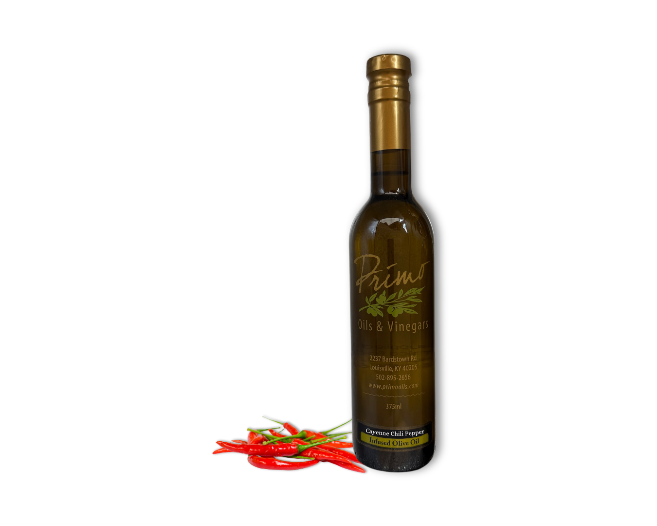 A 375ml bottle of Cayenne Chili Olive Oil with cayenne peppers.