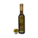 A 375ml bottle of Coratina Extra Virgin Olive Oil with bowl of green olives grown in Italy.