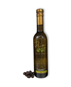 A 375ml bottle of Hojiblanca Extra Virgin Olive Oil with black olives grown in Australia.