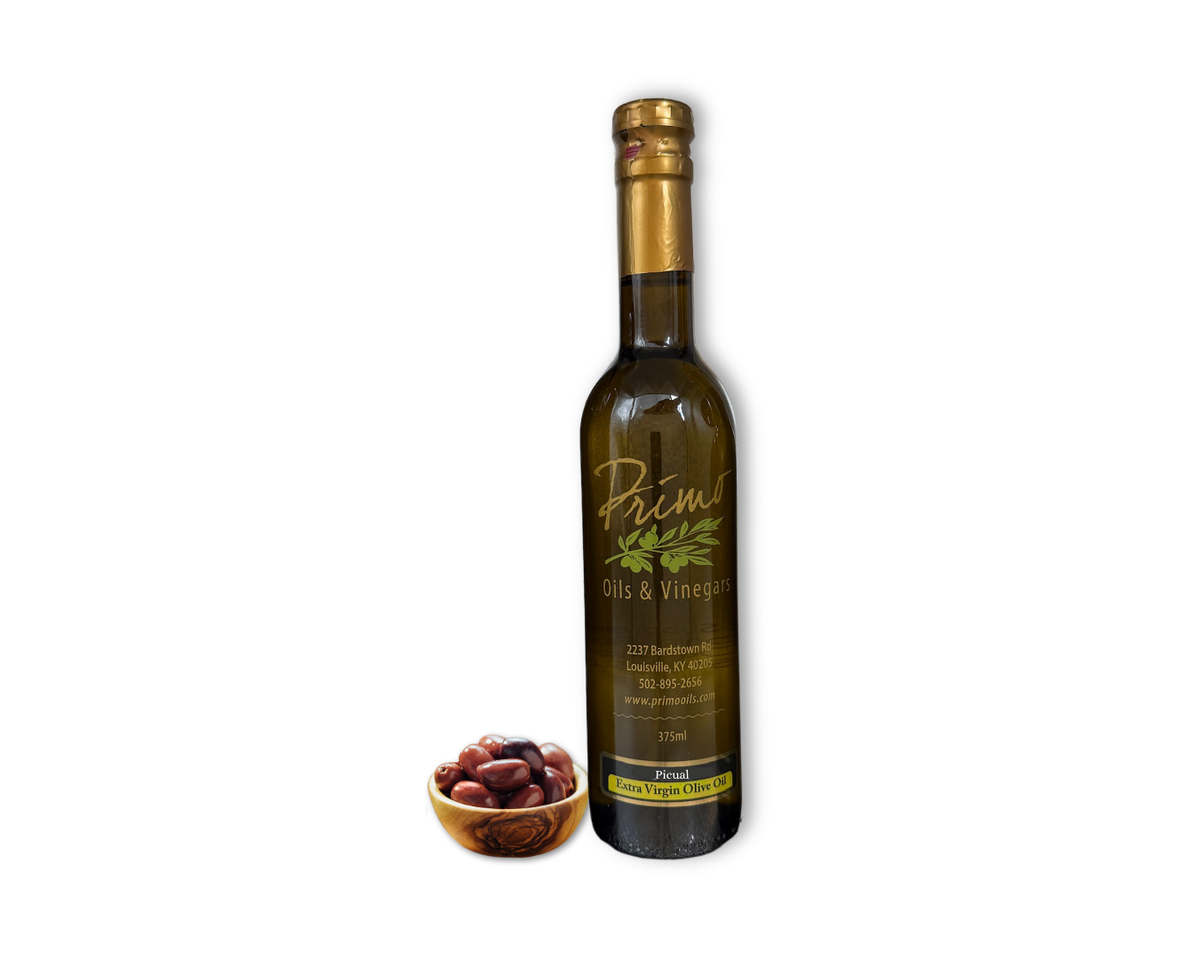 A 375ml bottle of Picual Extra Olive Oil with a bowl of olives grown in Chile.