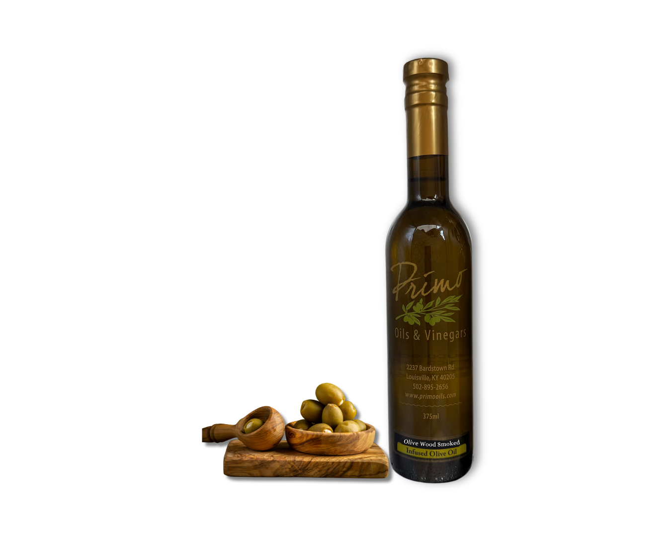 A 375ml bottle of Olive Wood Smoked Olive Oil with green olives on a wooden board.