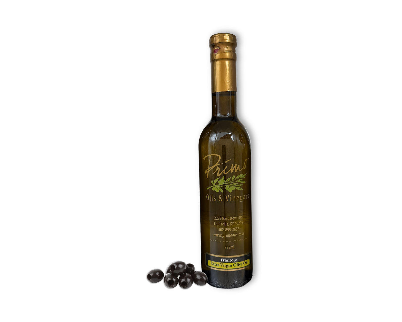 A 375ml bottle of Frantoio Extra Virgin Olive Oil with purple olives grown from Chile.